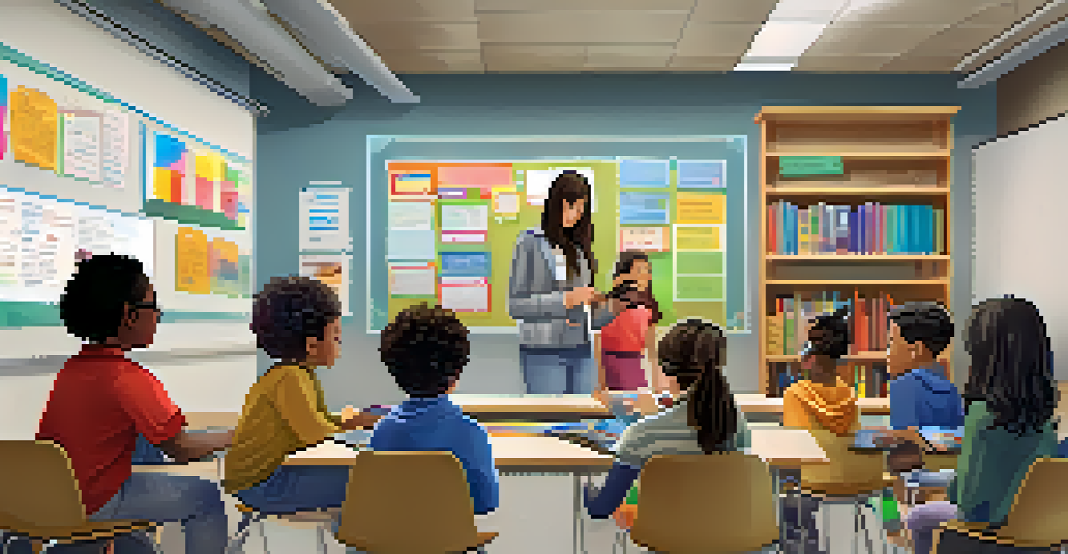 A teacher and diverse group of students collaborating in a vibrant learning space, using technology and resources to enhance their educational experience.