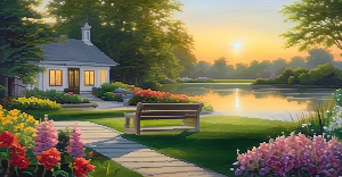 A peaceful garden with colorful flowers, a small pond, and a wooden bench under a golden sunset.