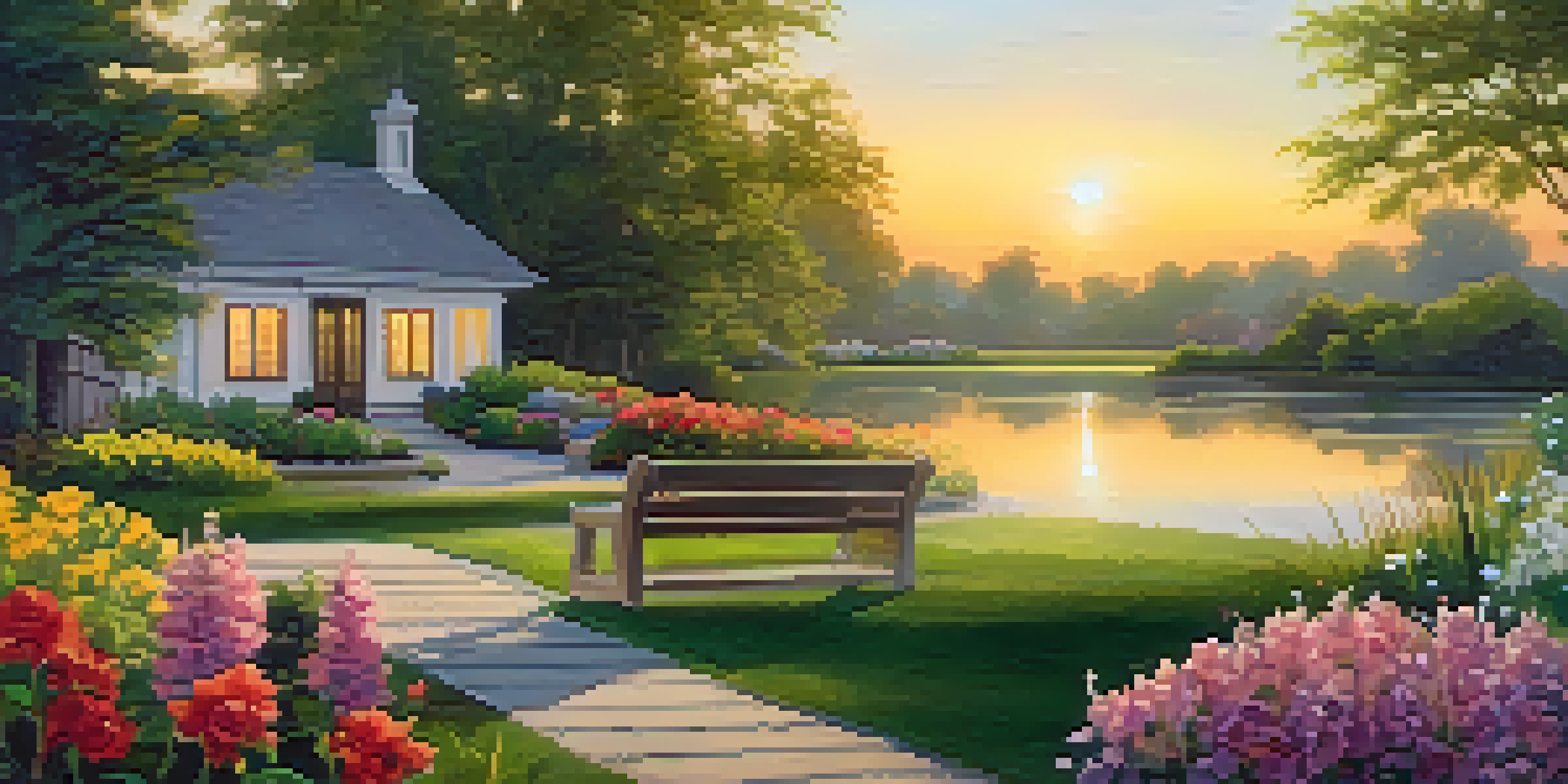 A peaceful garden with colorful flowers, a small pond, and a wooden bench under a golden sunset.