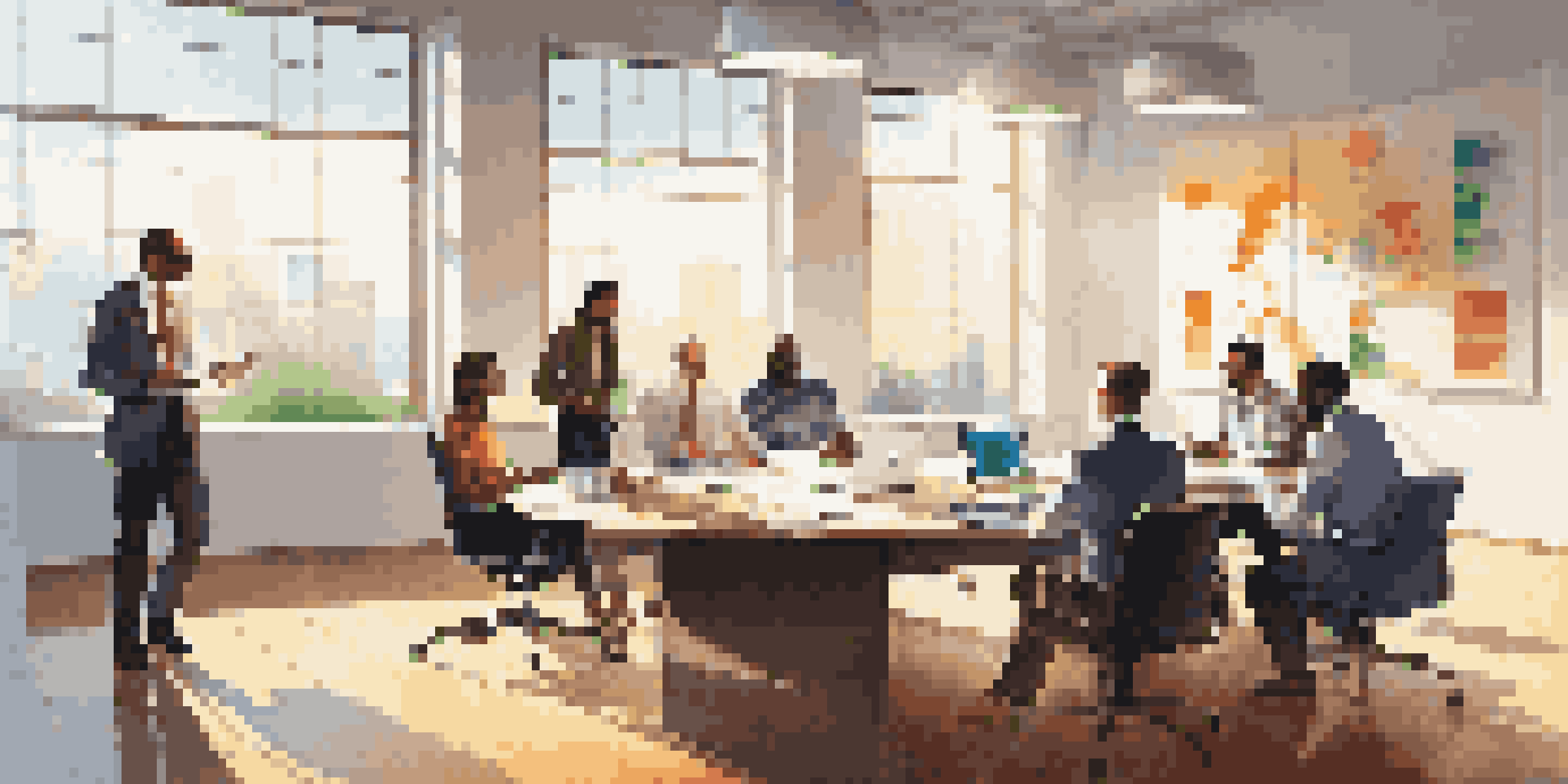 A group of diverse professionals collaborating in an office setting, with laptops and charts on a conference table, illuminated by natural light.