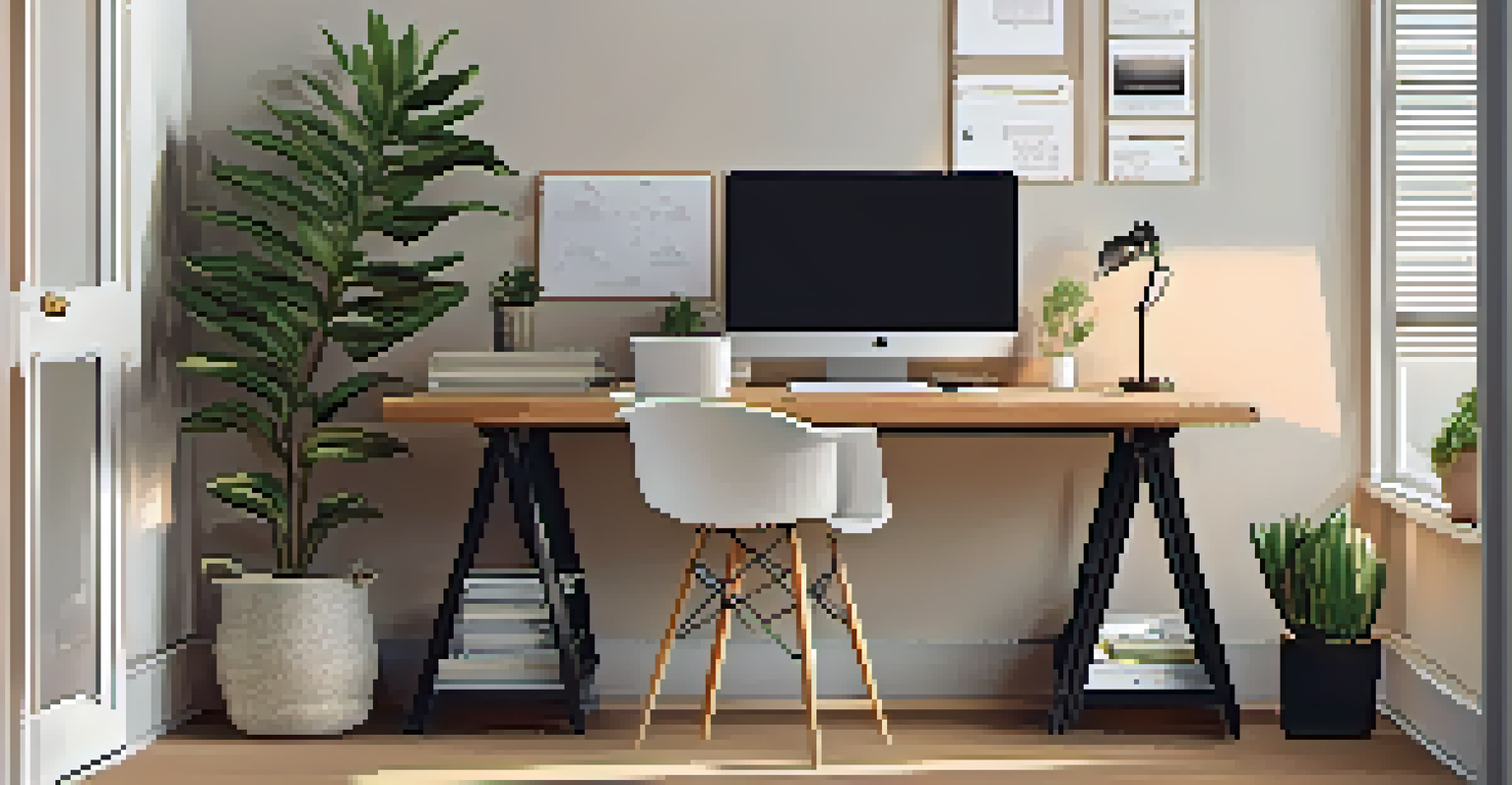 A tidy modern workspace with a computer, notebook, coffee cup, and a potted plant, illuminated by warm lighting.