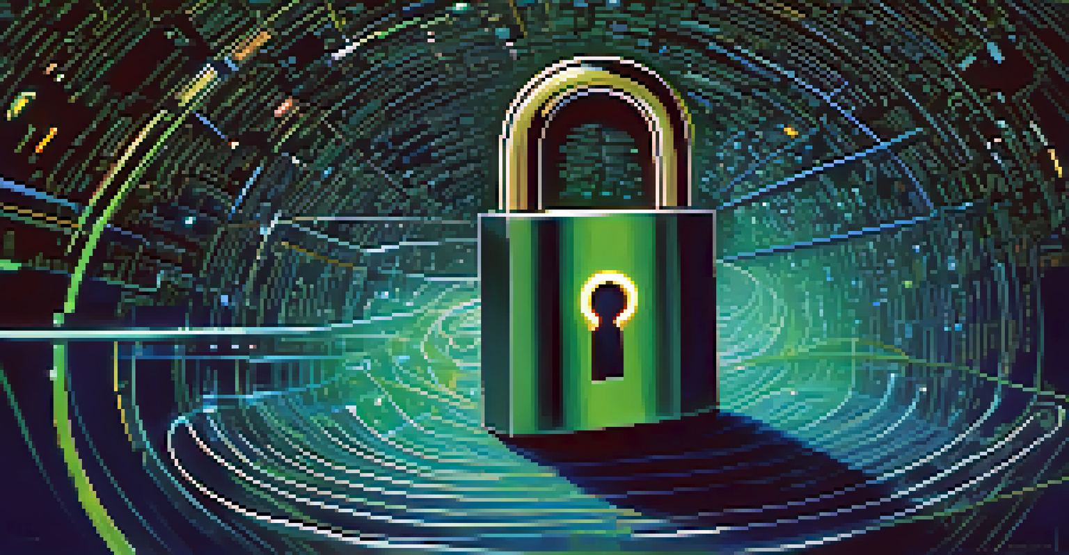 An artistic representation of encryption with a glowing padlock and swirling streams of encrypted data.
