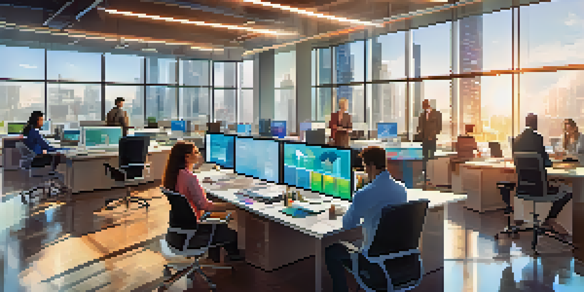 A diverse team of professionals working together in a modern office, discussing digital identity management with colorful screens and natural light.