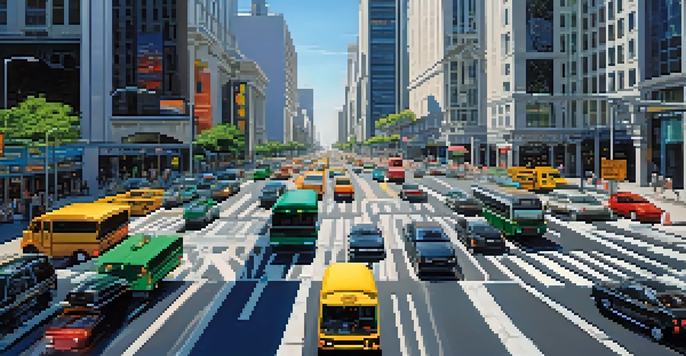 A busy urban intersection with dynamic traffic lights and vehicles including cars, bicycles, and buses, under a clear blue sky.