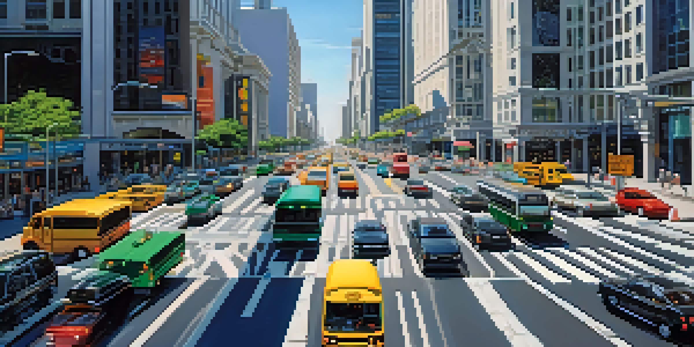 A busy urban intersection with dynamic traffic lights and vehicles including cars, bicycles, and buses, under a clear blue sky.