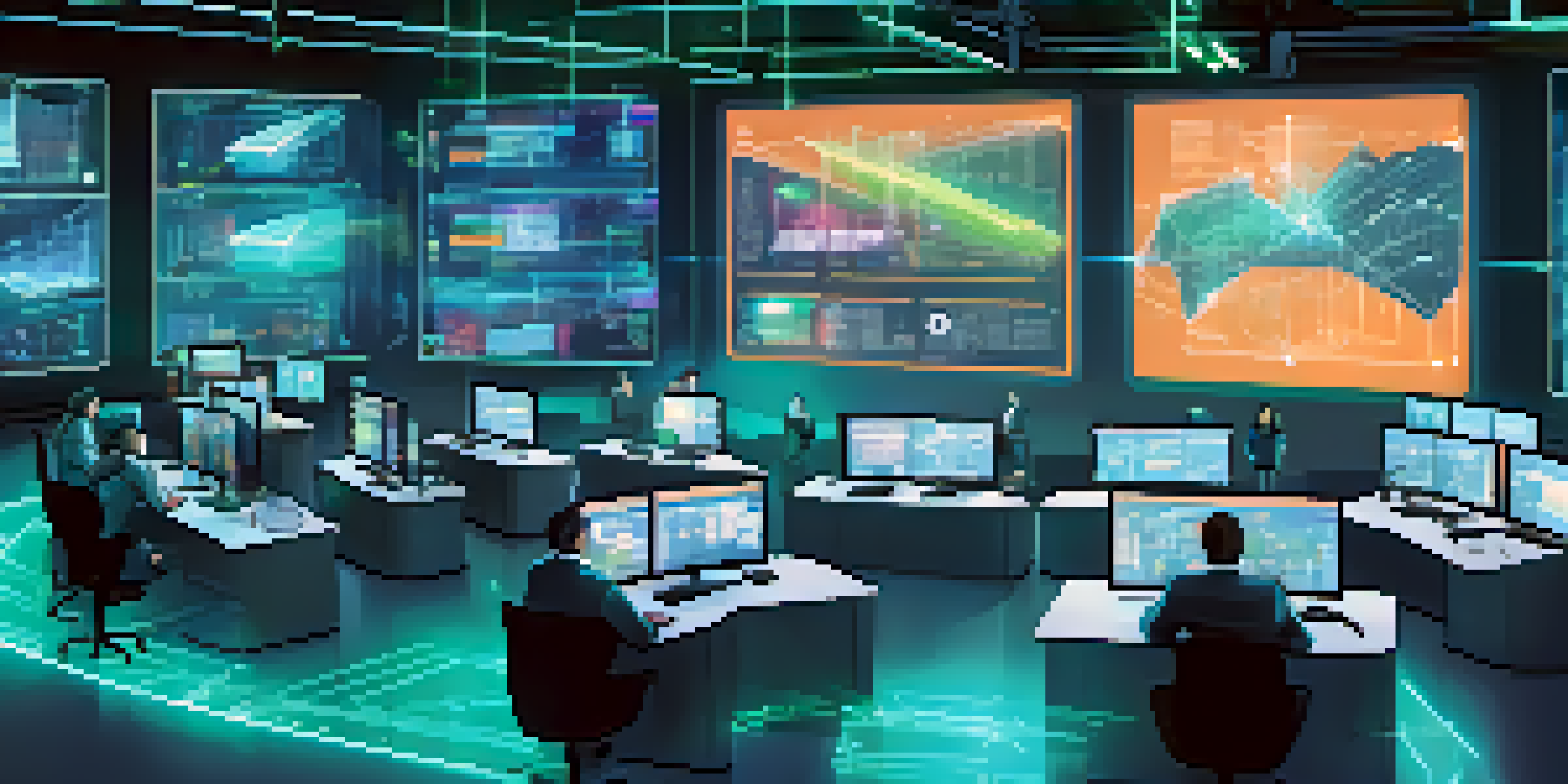 A modern supply chain control room with professionals analyzing blockchain data on multiple screens.