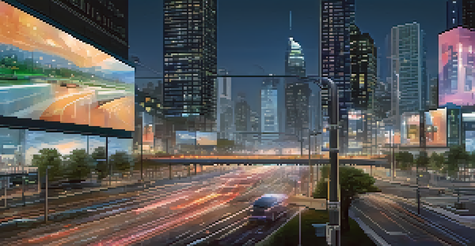 A smart city at dusk with illuminated buildings and digital displays showing real-time data for traffic management.