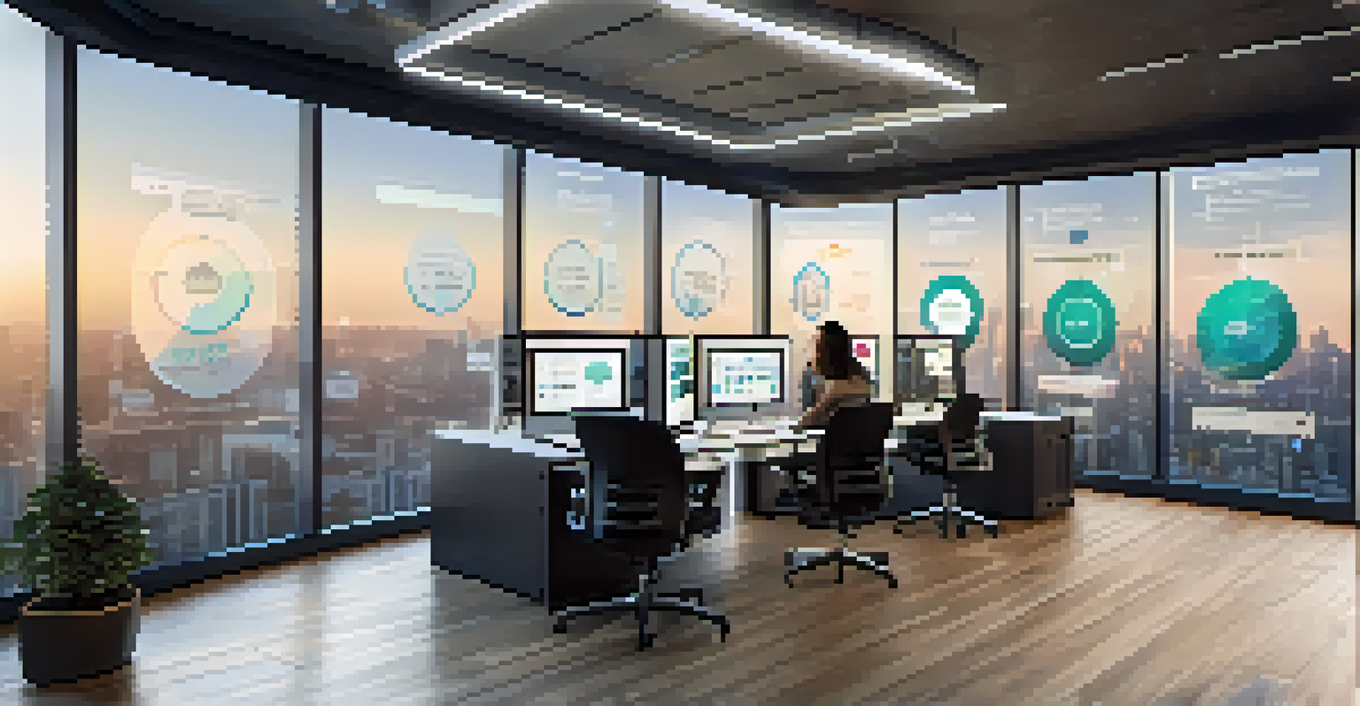 A sleek workspace featuring a large screen displaying user metrics for a conversational interface, with notes and charts, and a city skyline visible through the window.