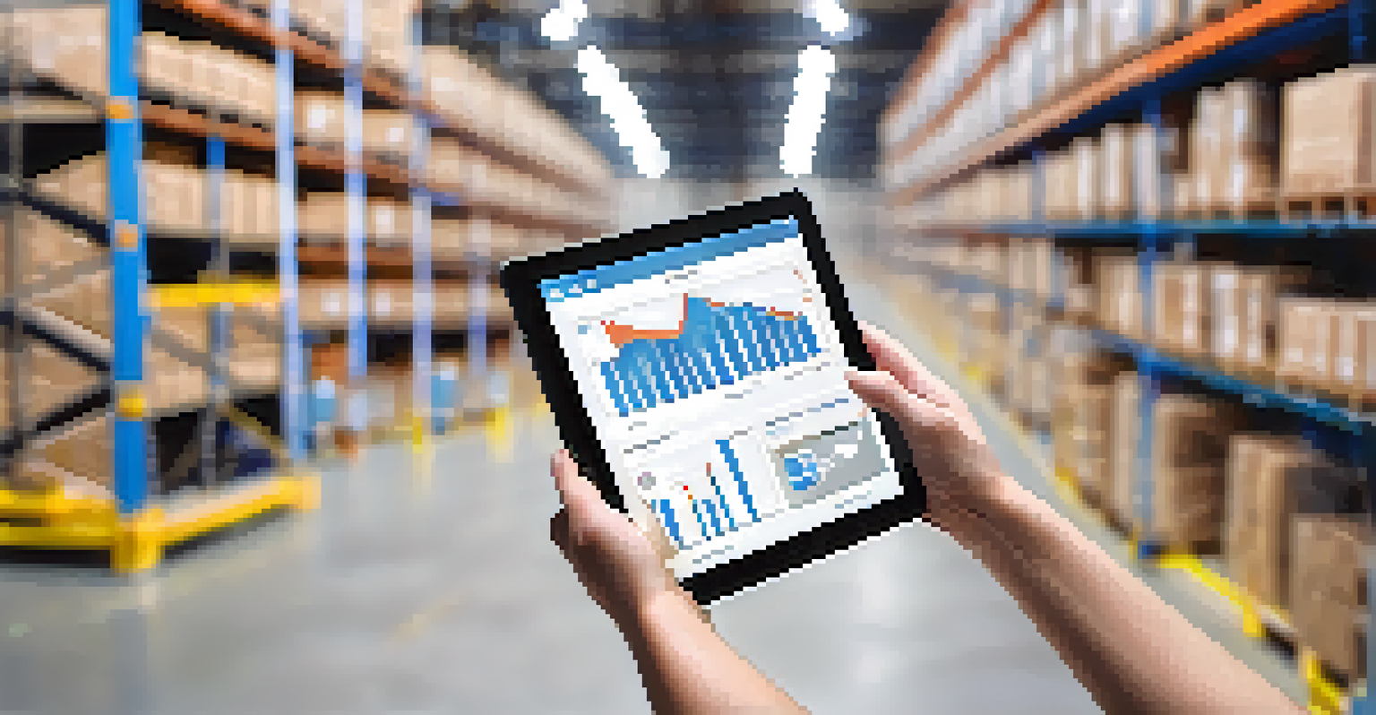 Close-up of hands using a tablet with supply chain analytics, set against a blurred warehouse background.