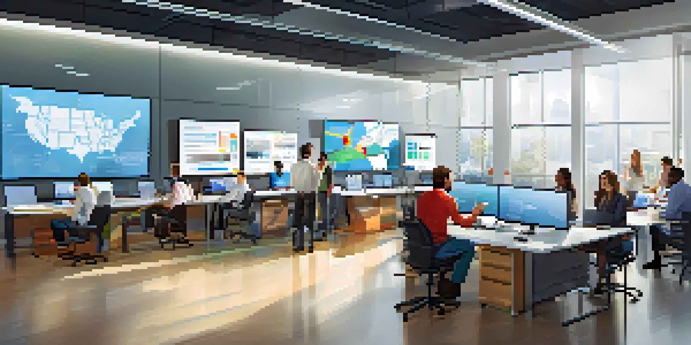 A diverse group of employees in a bright office space participating in a telematics training session with screens and tablets.