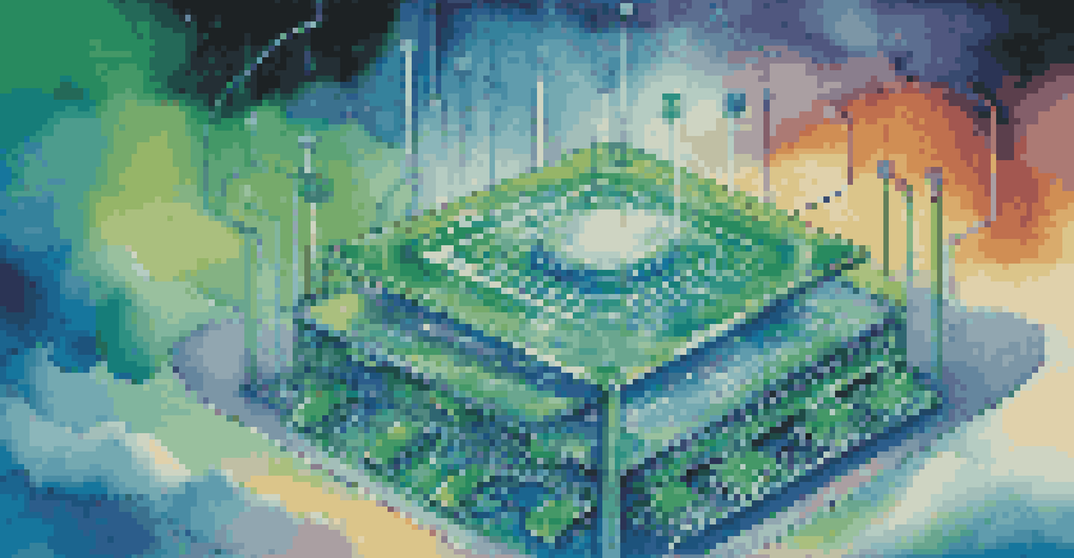 An abstract illustration of virtualization technology with a central server and digital clouds, showcasing connectivity.