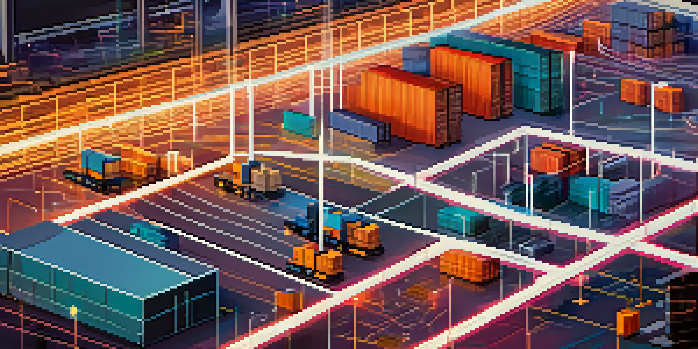 An illustration of a blockchain network with interconnected nodes and a modern warehouse in the background.