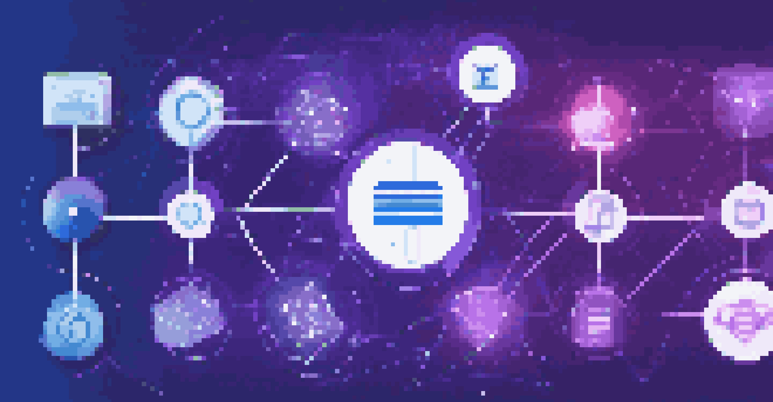 An abstract visualization of a digital asset management system with interconnected nodes and media icons, set against a gradient background.