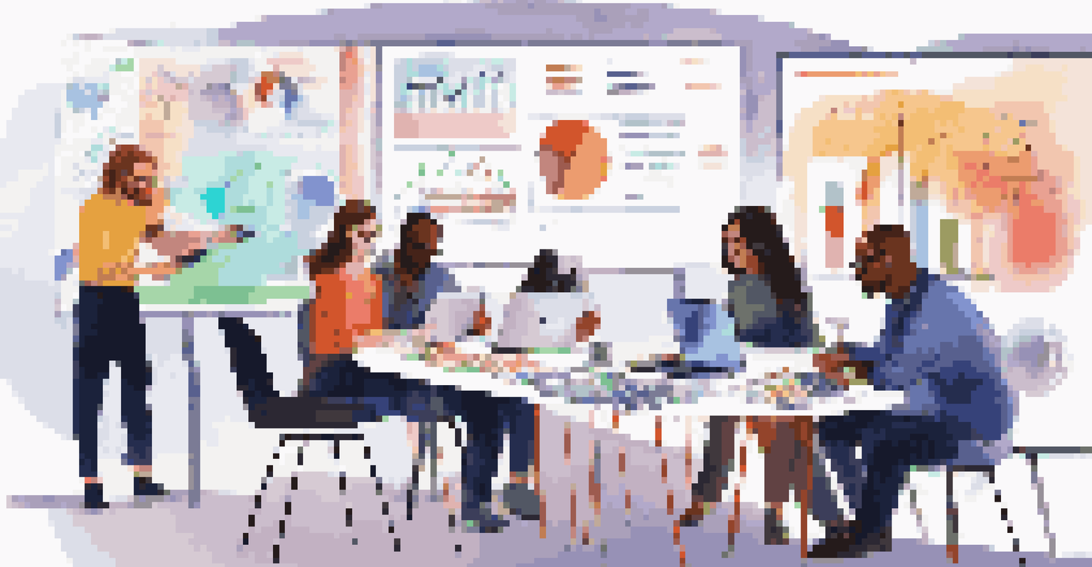 A diverse team of marketers collaborating around a table with laptops and charts, discussing a campaign.