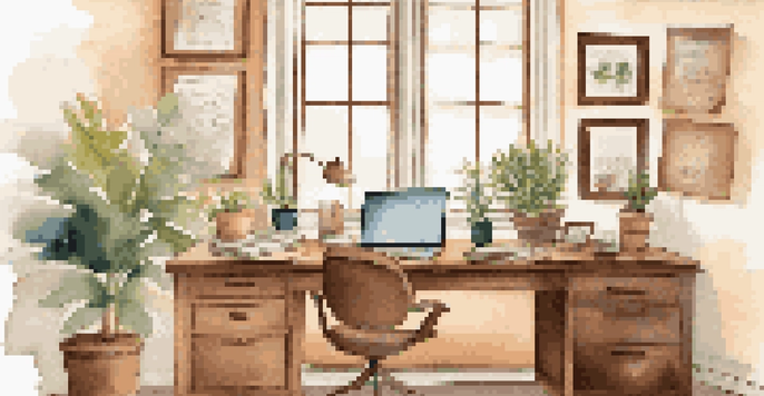 A cozy office workspace with a laptop, coffee cup, and potted plant, illuminated by natural light.