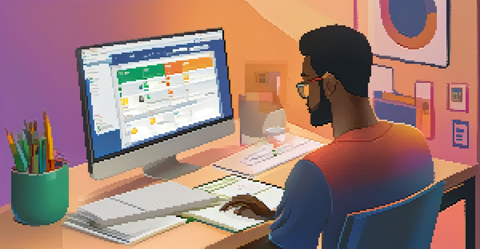 A close-up of a computer screen with a project management tool, displaying colorful task cards in a cozy workspace.