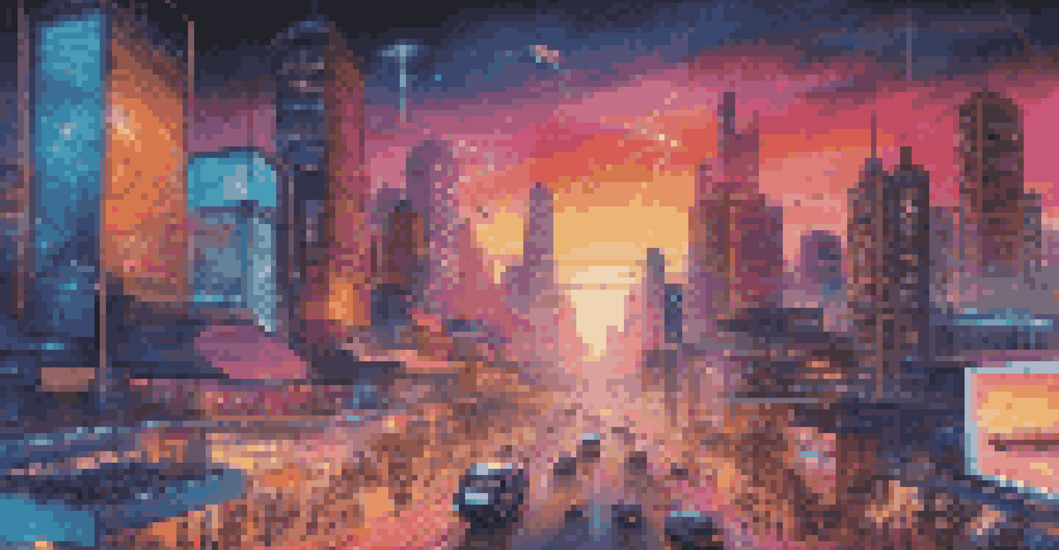 A vibrant futuristic city filled with smart devices, autonomous vehicles, and drones, under a colorful sunset sky.