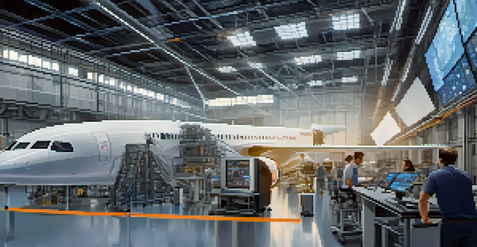 An aerospace manufacturing facility with engineers working on digital twin simulations displayed on large screens, surrounded by aircraft components.