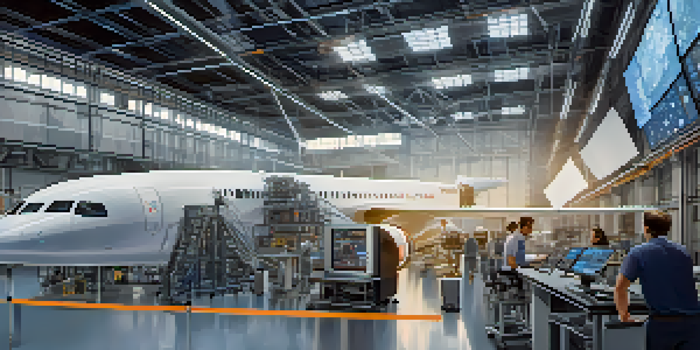 An aerospace manufacturing facility with engineers working on digital twin simulations displayed on large screens, surrounded by aircraft components.