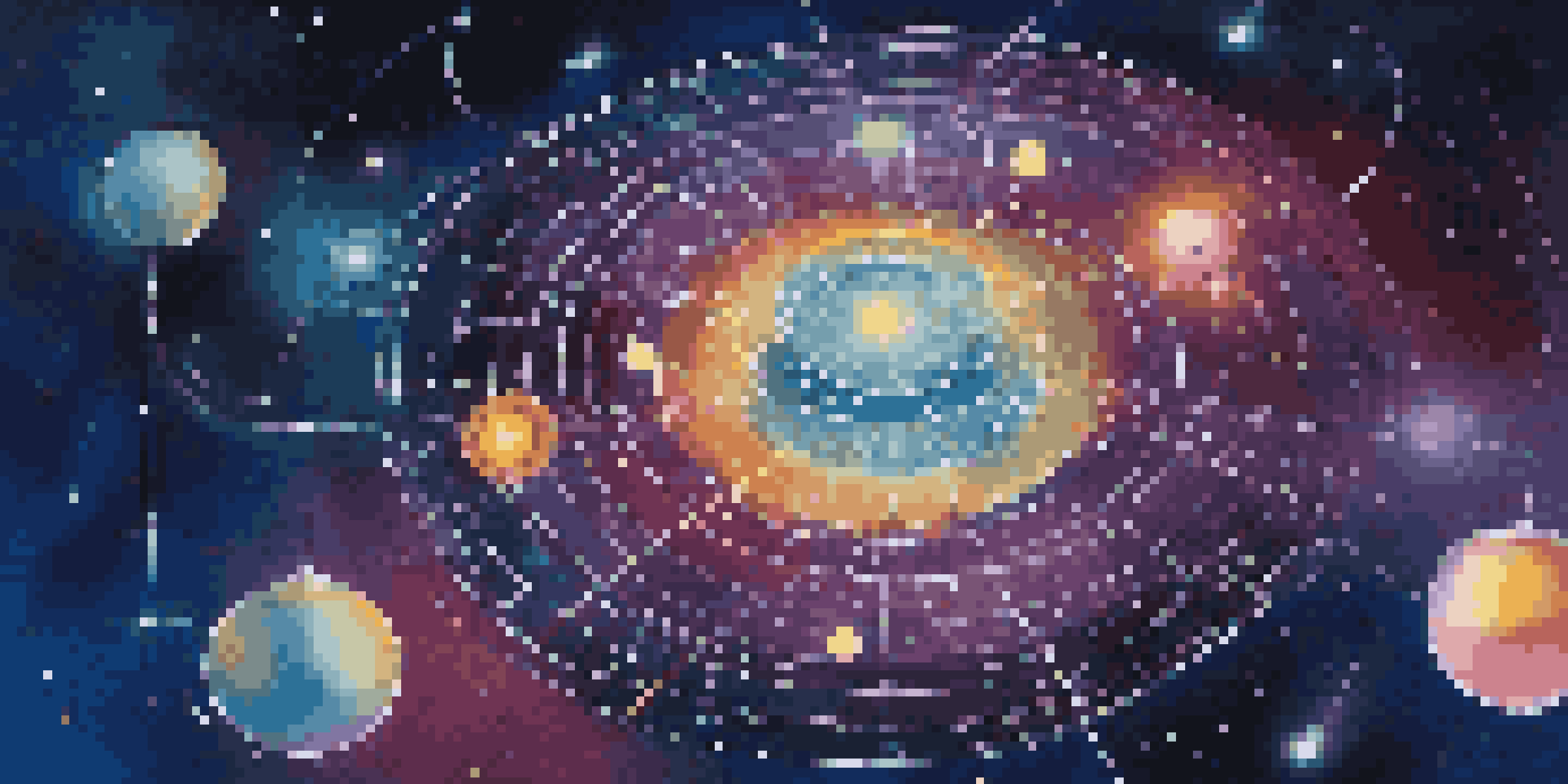 An illustration of quantum computing with a glowing quantum computer and colorful floating qubits in a starry blue background.