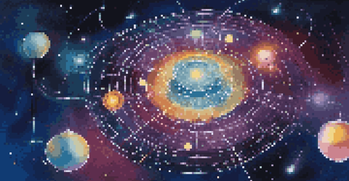 An illustration of quantum computing with a glowing quantum computer and colorful floating qubits in a starry blue background.