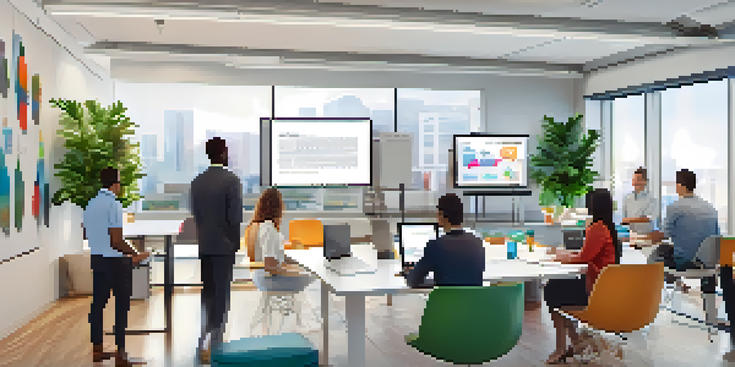A diverse group of employees in a bright office attending a training session on SaaS security best practices, with a projector displaying a presentation.