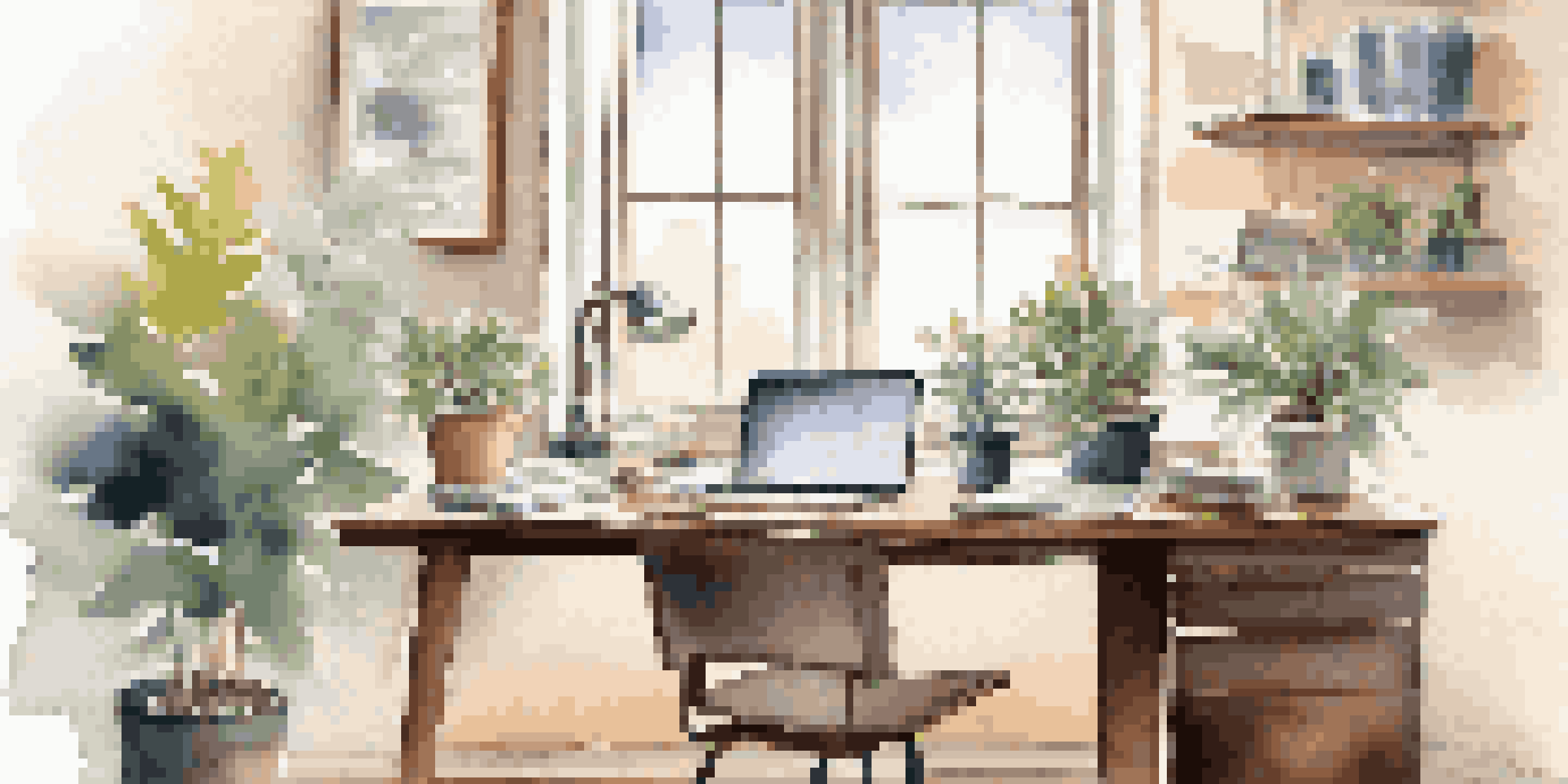 A modern office desk with a laptop, organized papers, and a potted plant, illuminated by soft natural light from a window.