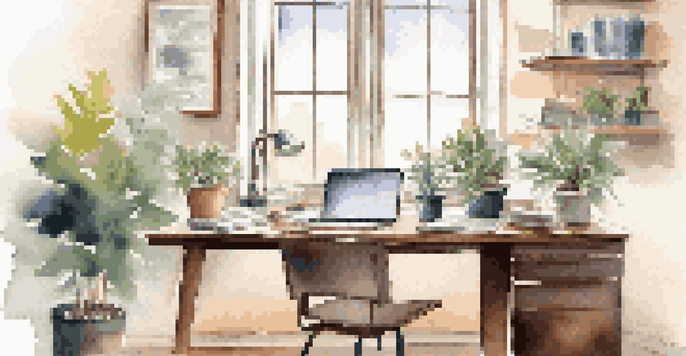 A modern office desk with a laptop, organized papers, and a potted plant, illuminated by soft natural light from a window.