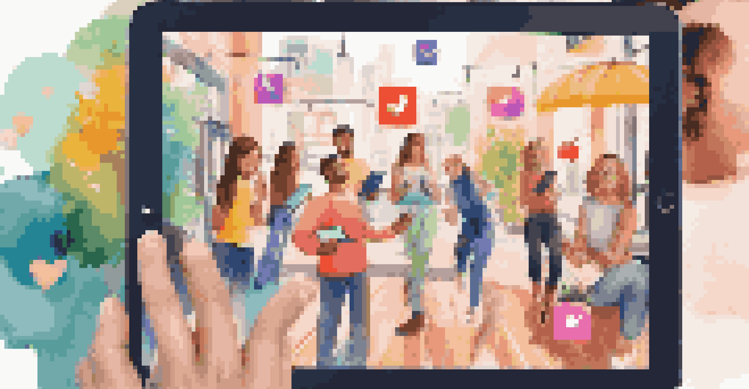 A tablet displaying a lively social media feed with users engaging in real-time through augmented reality filters in a colorful environment.