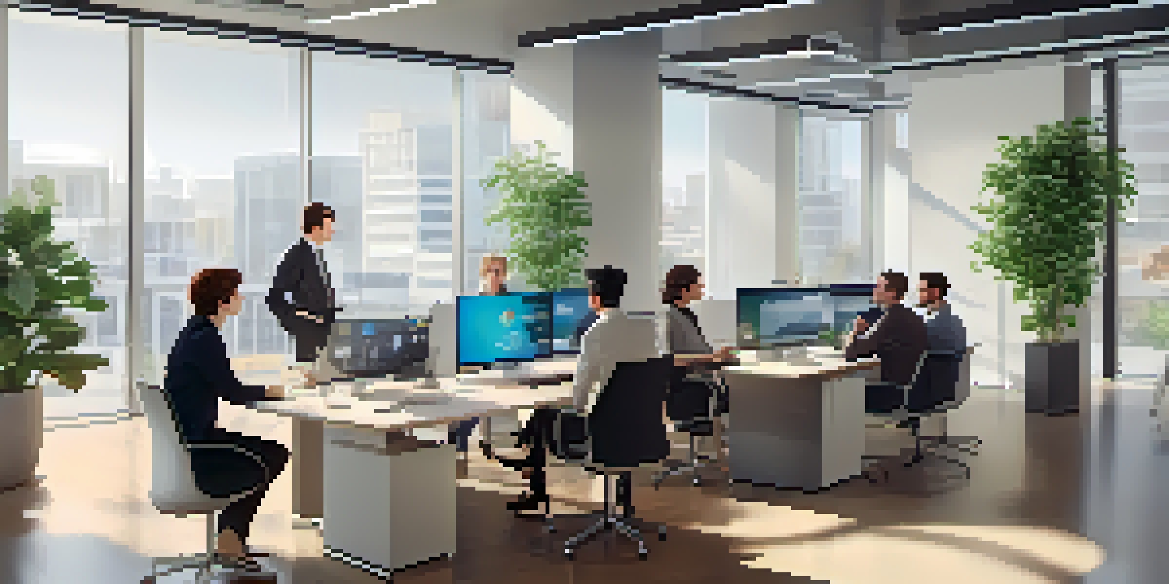 A bright modern office where diverse professionals are discussing around a large screen displaying natural language processing algorithms.