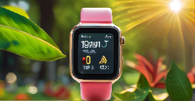 A smartwatch showing health metrics in a park with greenery and sunlight filtering through leaves.