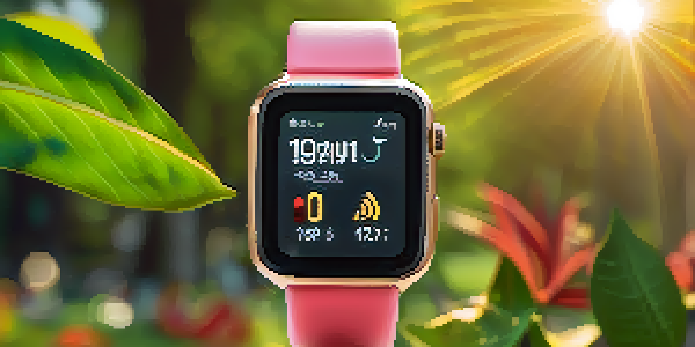 A smartwatch showing health metrics in a park with greenery and sunlight filtering through leaves.