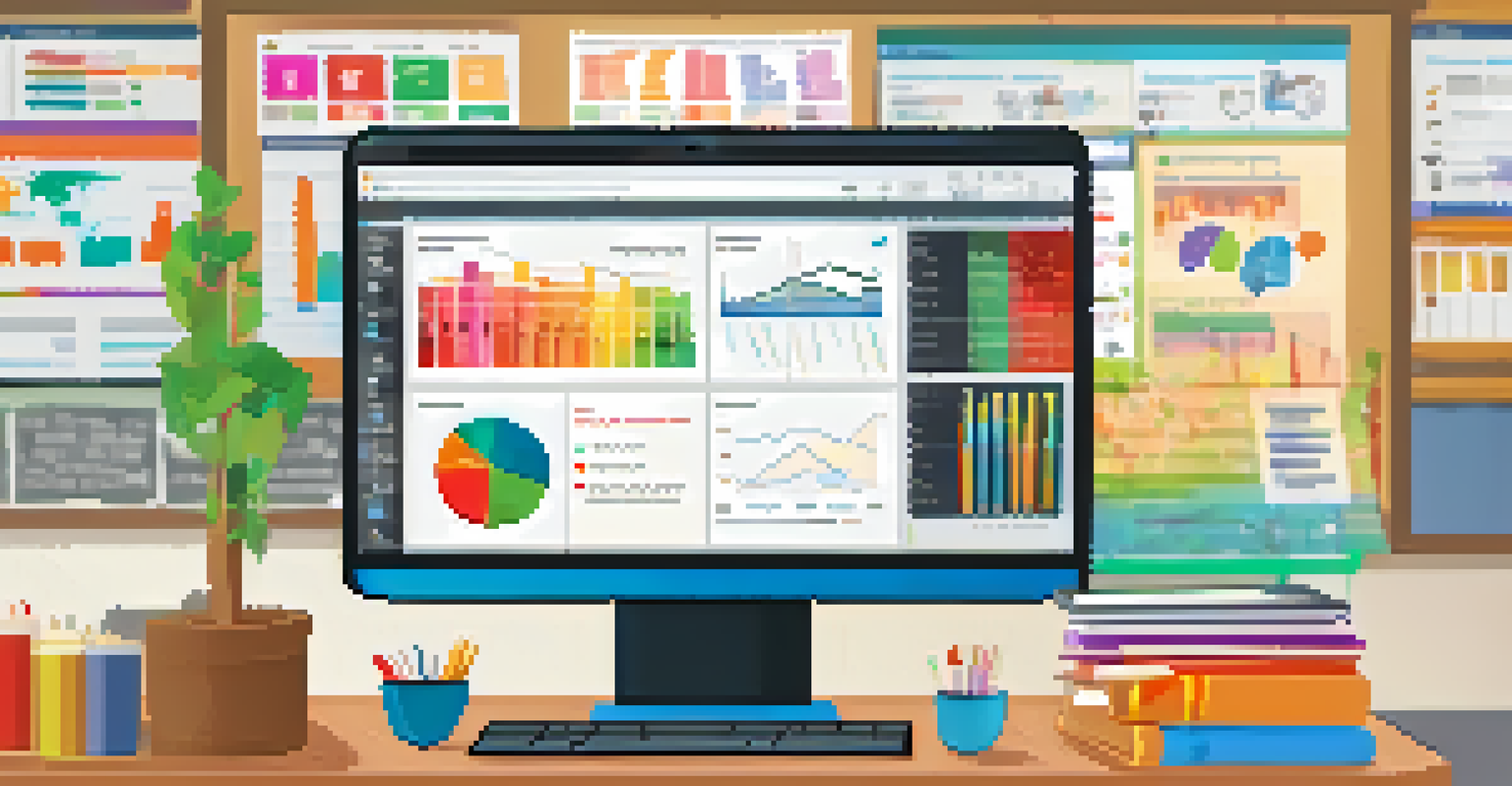 A teacher analyzing AI-powered assessment tools on a laptop in a cozy classroom, with colorful graphs displayed on the screen.
