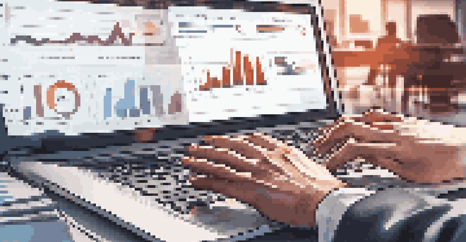 Close-up of hands typing on a laptop with graphs displayed in a bright office setting.