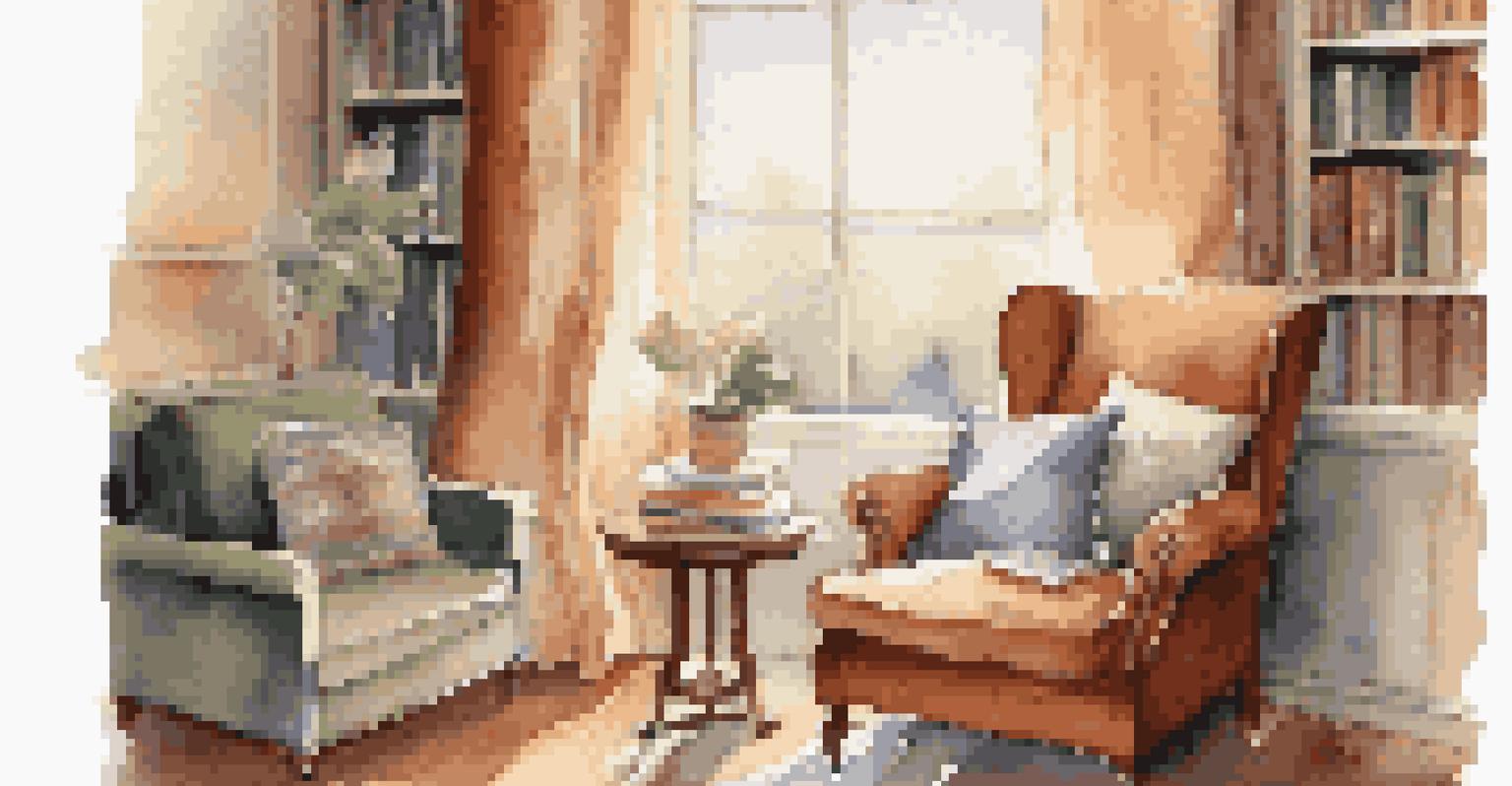 A cozy reading nook with an armchair, books, and a cup of tea, illuminated by soft morning light through sheer curtains.