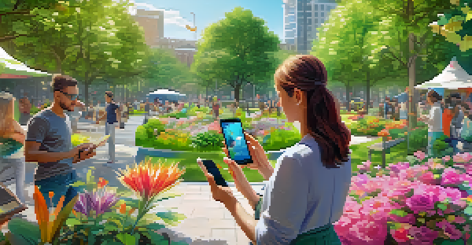 A person in a park interacting with augmented reality on their smartphone, surrounded by greenery and colorful flowers.