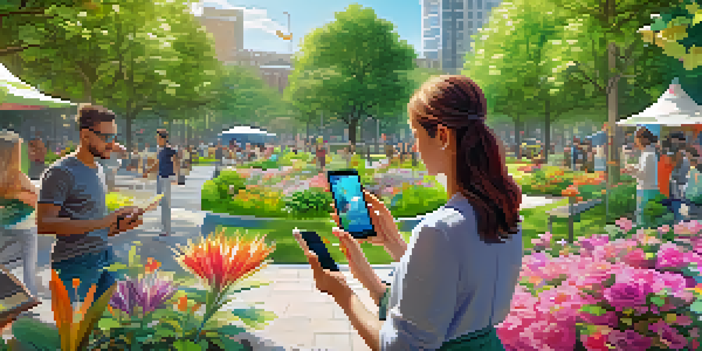 A person in a park interacting with augmented reality on their smartphone, surrounded by greenery and colorful flowers.