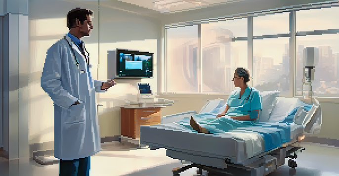 A doctor conducting a remote consultation with a patient on a large screen in a modern hospital room, showcasing advanced medical technology.