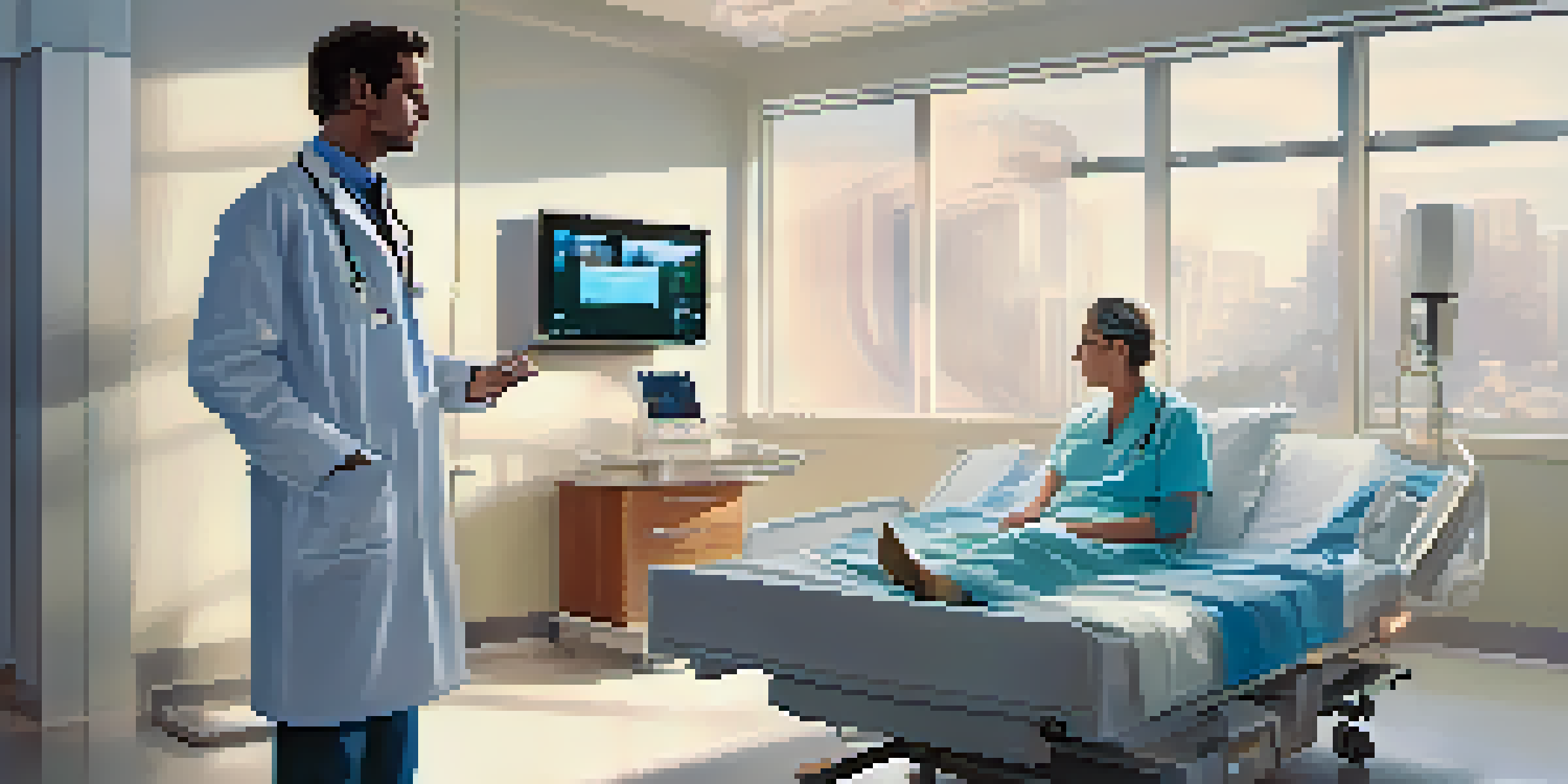 A doctor conducting a remote consultation with a patient on a large screen in a modern hospital room, showcasing advanced medical technology.