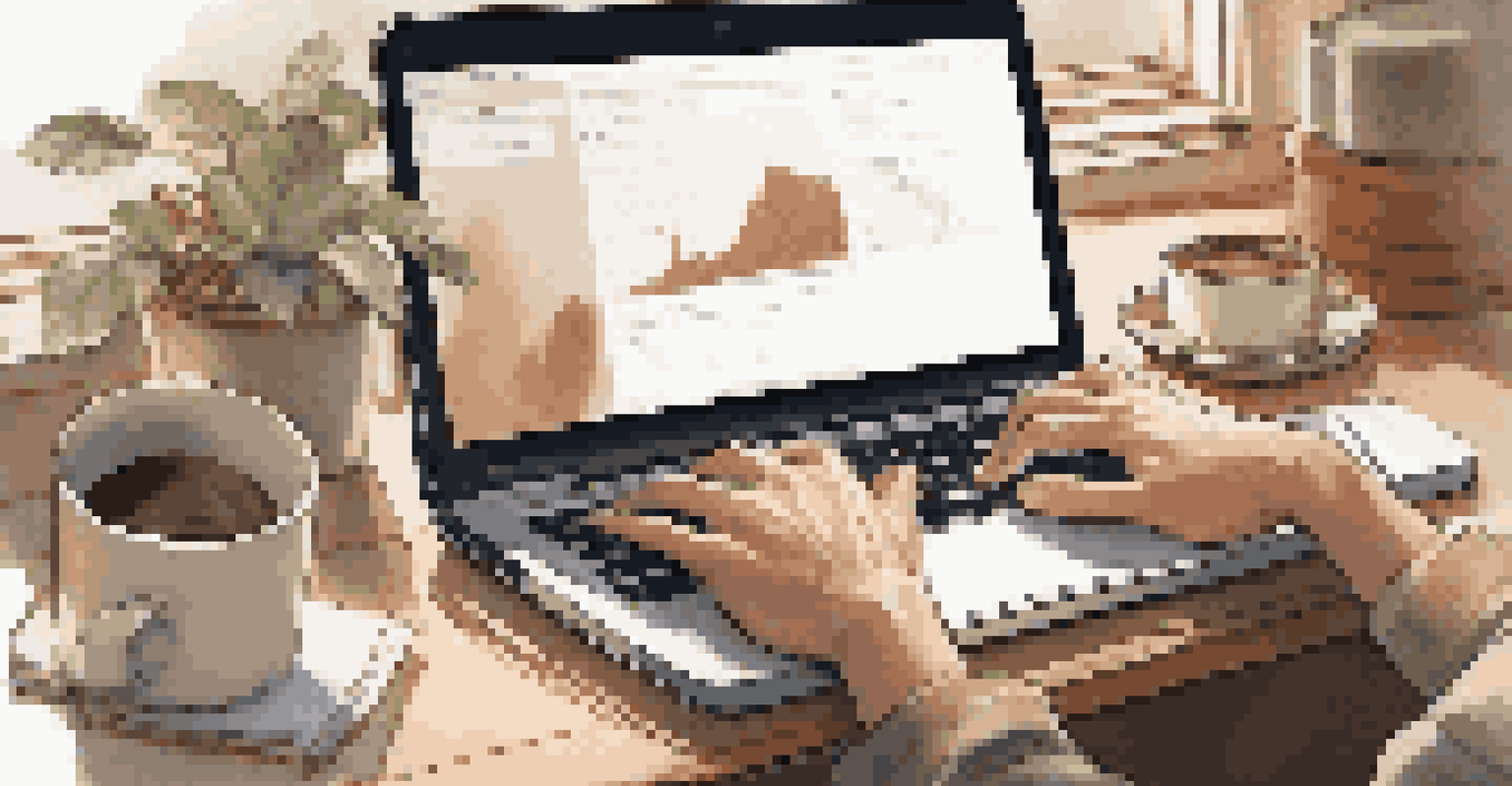 A close-up view of a developer's hands on a laptop, with code on the screen and a cozy workspace filled with coffee cups and notebooks.