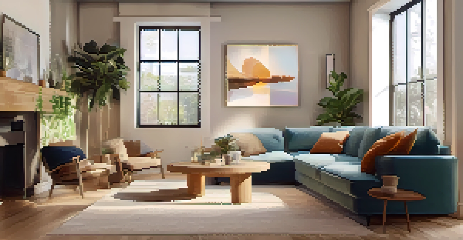 A customer visualizing a virtual couch in a cozy living room setting using augmented reality technology.
