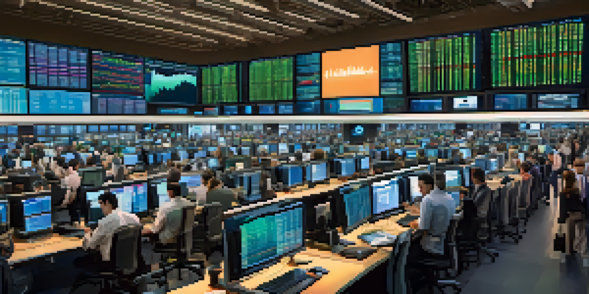 A busy stock trading floor with traders concentrating on their computer screens showing live stock data and graphs.