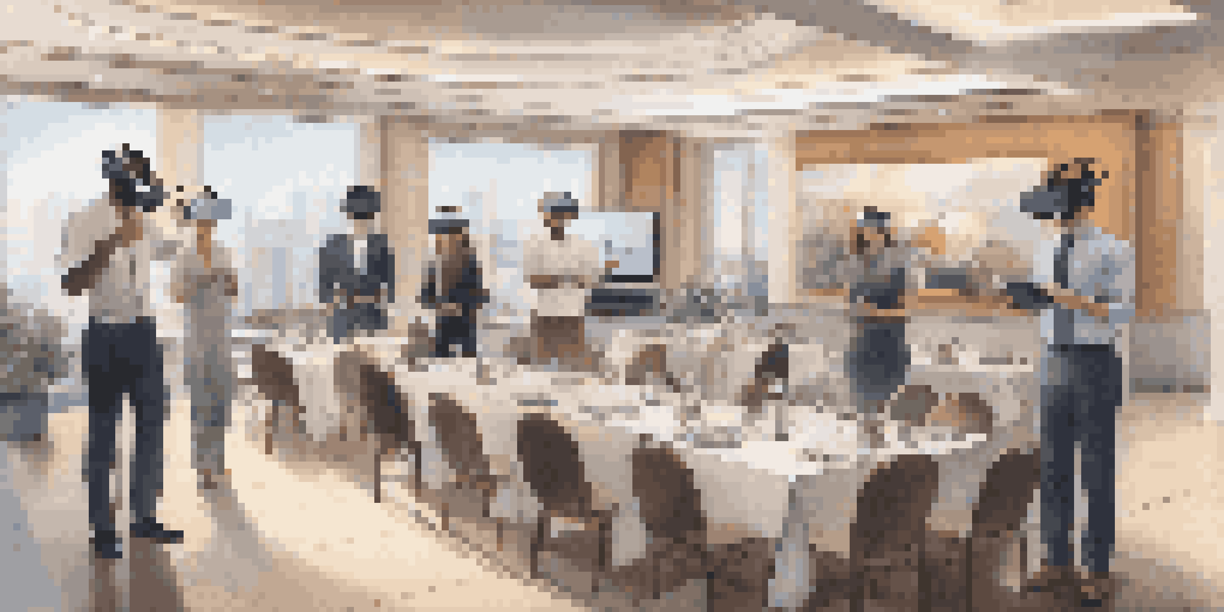 A group of hospitality staff experiencing virtual reality training, wearing headsets in a well-decorated hotel environment.