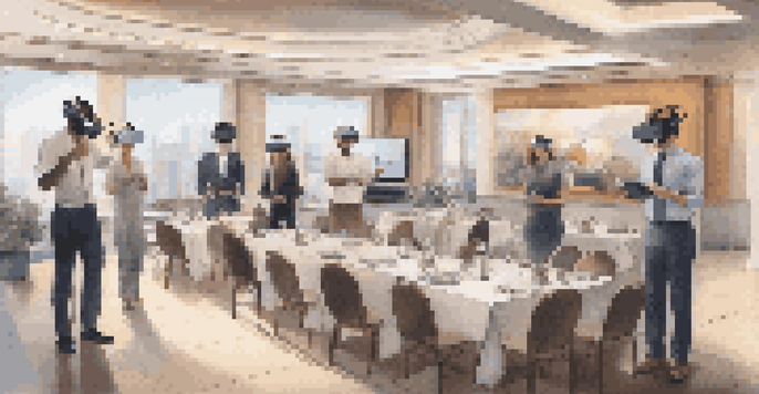 A group of hospitality staff experiencing virtual reality training, wearing headsets in a well-decorated hotel environment.