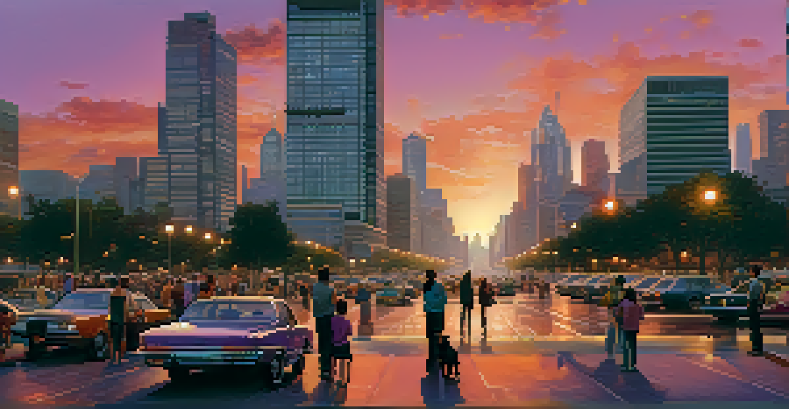 A vibrant city skyline at sunset, with skyscrapers reflecting colorful skies and people in a park below.