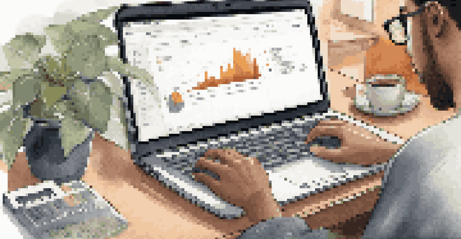 A person working on a laptop with data integrity metrics on the screen, surrounded by a tidy workspace with personal touches like a plant and coffee.