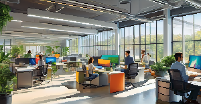 A bright and modern open office space with diverse employees working together at desks, surrounded by plants and colorful artwork.