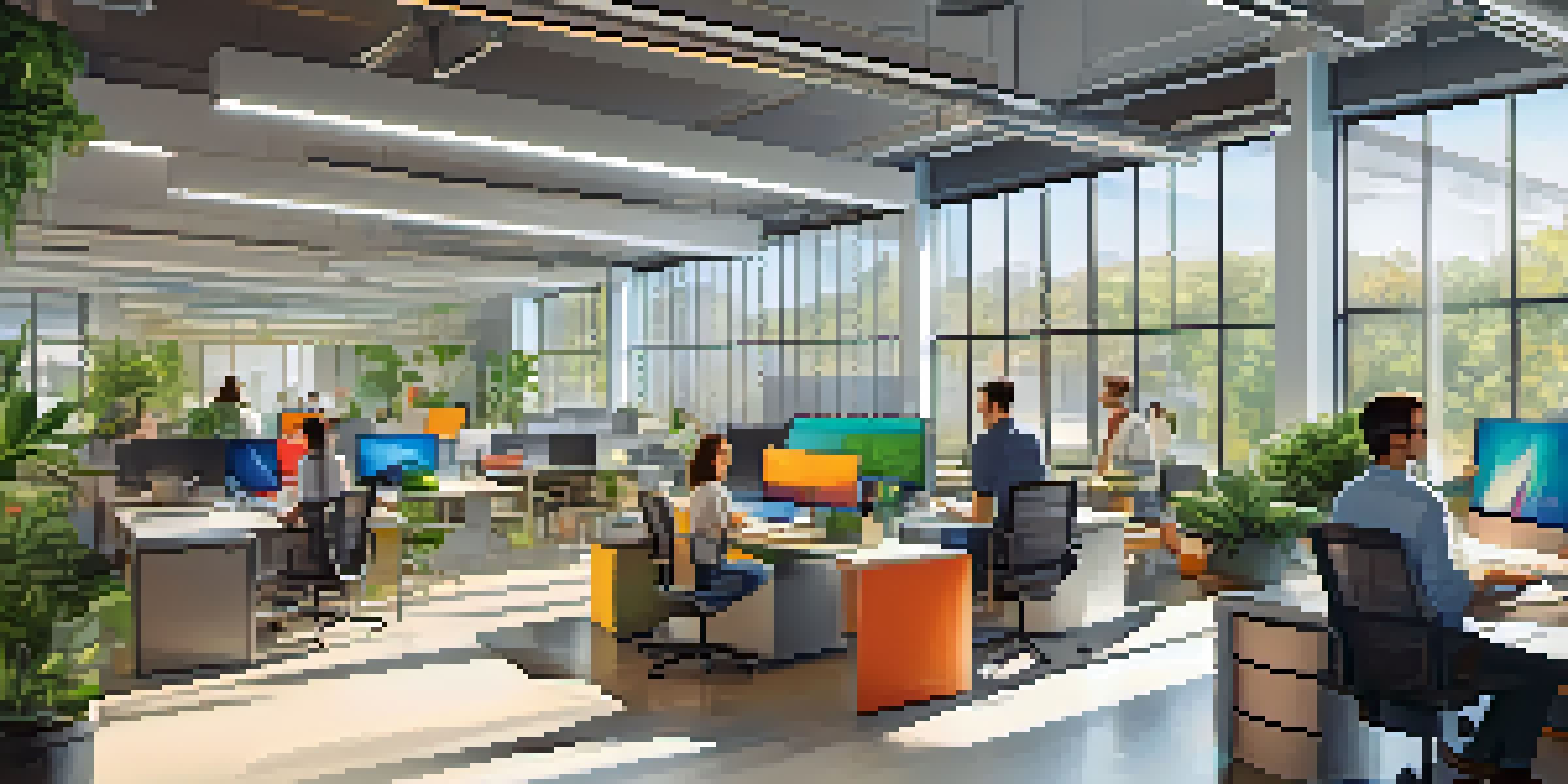 A bright and modern open office space with diverse employees working together at desks, surrounded by plants and colorful artwork.