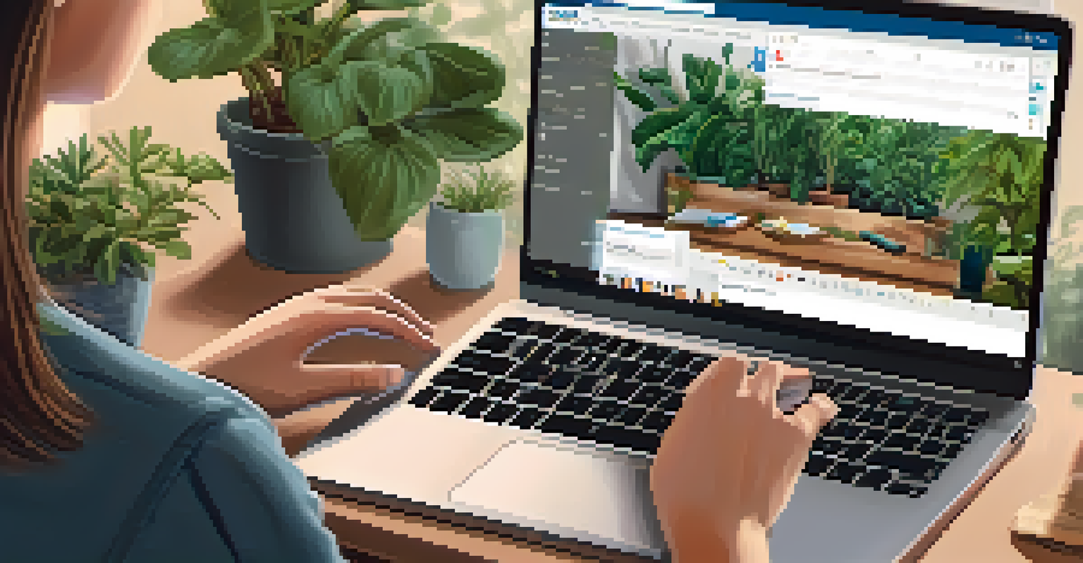 Close-up of hands working on a laptop with a project management tool on the screen in a cozy workspace.