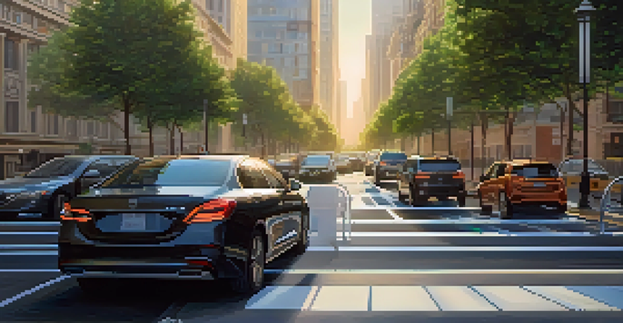 A driver uses a mobile app to find parking in a busy city street with modern buildings and greenery.